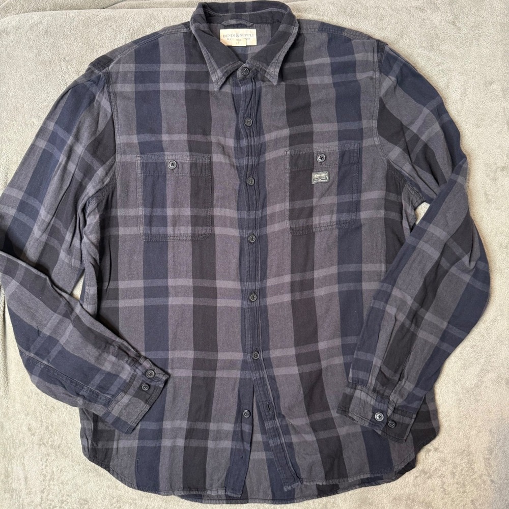 Denim & Supply Ralph Lauren Mens XL Plaid Flannel Shirt Gray Black Button Down